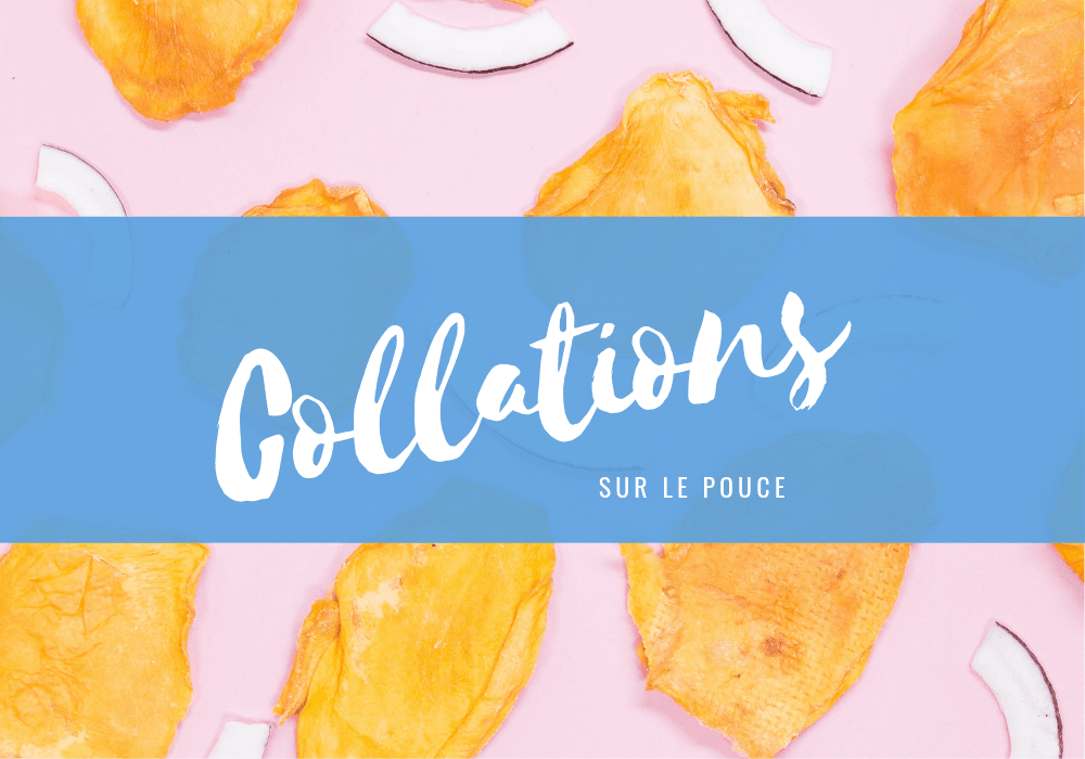 collations sur le pouce. image titre de l'Article sur les collations, avec des mangues séchées et des flocons de coco