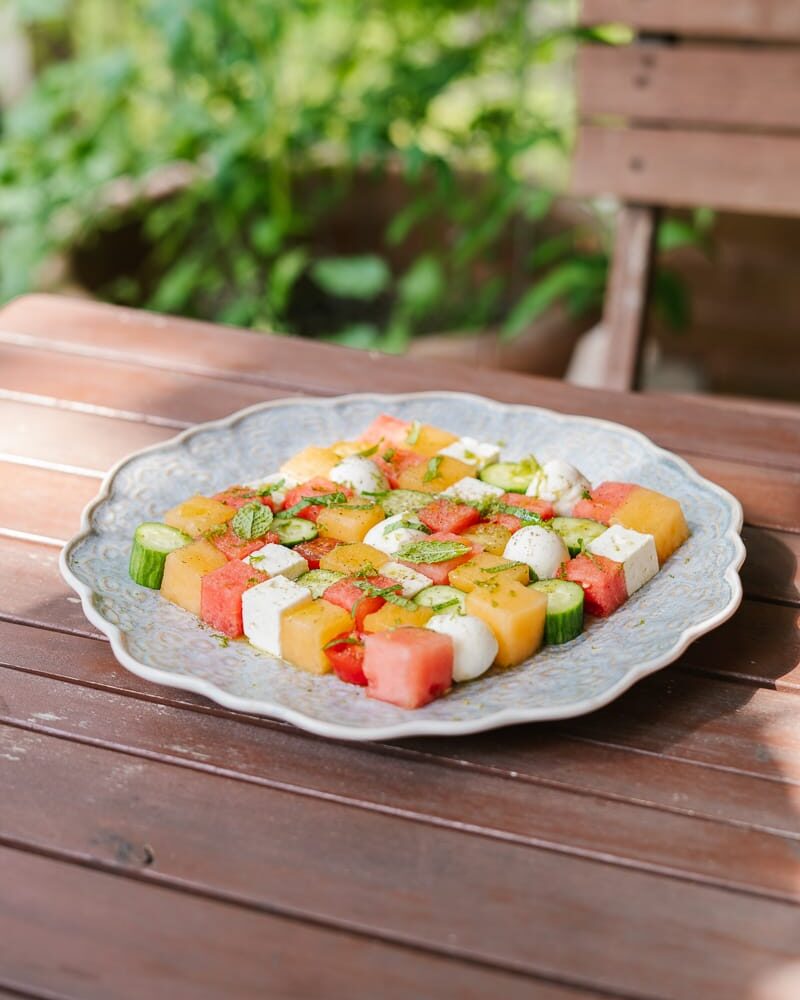 salade de melons style échiquier plateau apéro sans cuisson
